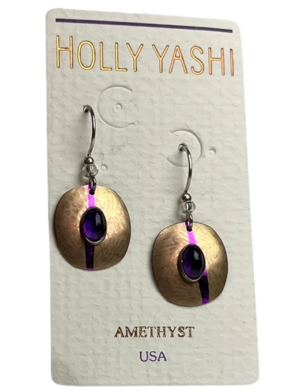 Vintage Signed Holly Yashi Oval Purple Amethyst Stone Dangle Hook Earrings